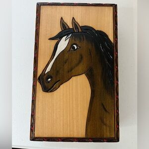 Wood Jewelry Trinket Box Horse Horseshoes Red Lined